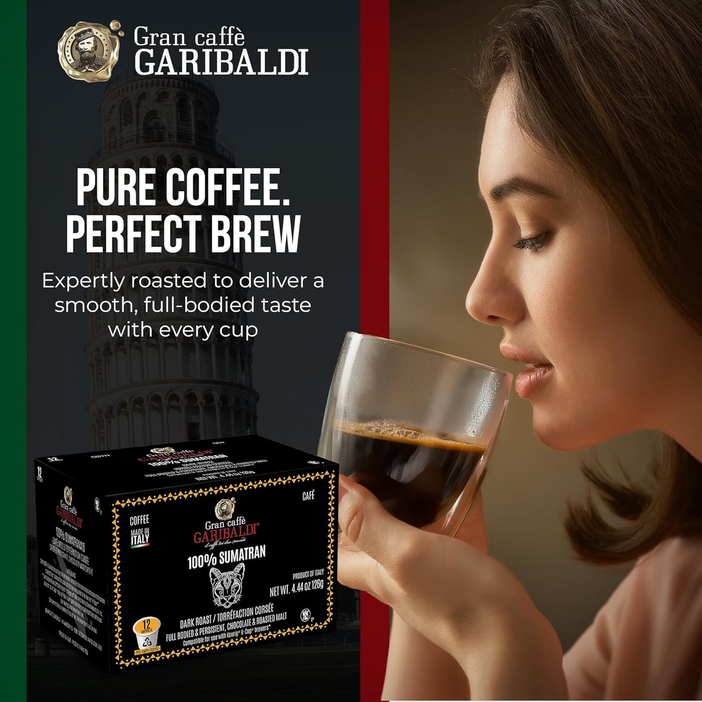 Caffè Garibaldi Italian Roast Coffee Pods, Single-Serve Capsules for Keurig K-Cup Brewers with 100% Arabica Blend, Single Serve Cups for Coffee Makers, Recyclable 12 Count K-Pods - Dark Roast