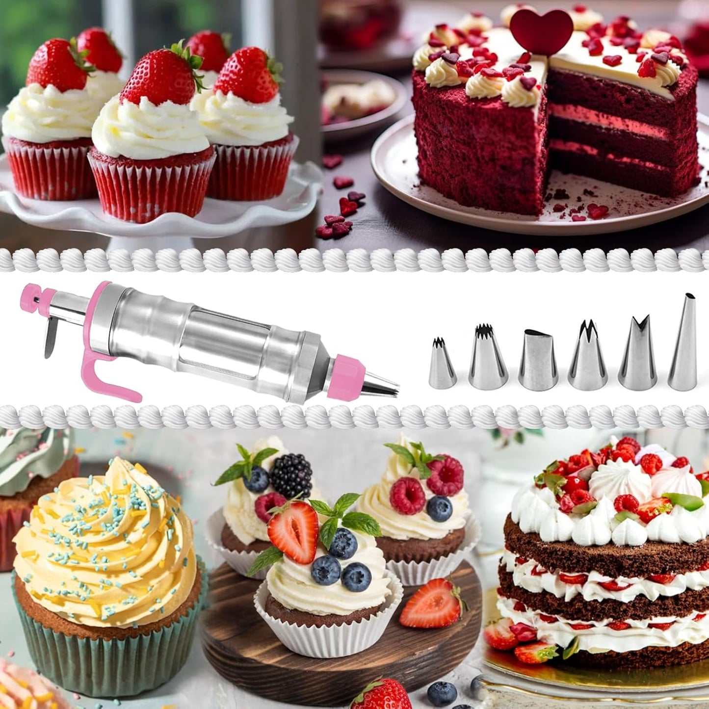 FANTEXY Dessert Decorating Syringe Set, Stainless Steels Cake Decorating Tools 6 Piping Icing Nozzles Cupcake Decorating Kit Icing Piping Kit