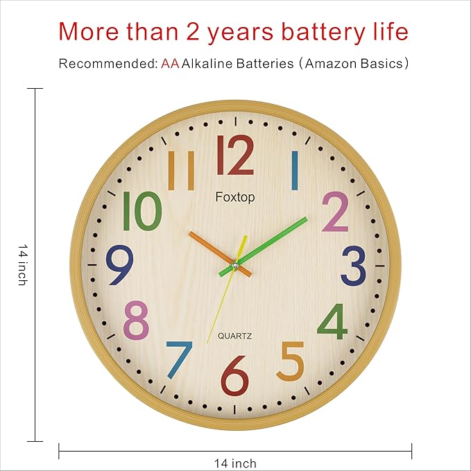 Foxtop 14 Inch Kids Wall Clock Silent Non-Ticking Battery Operated Colorful - Image 2