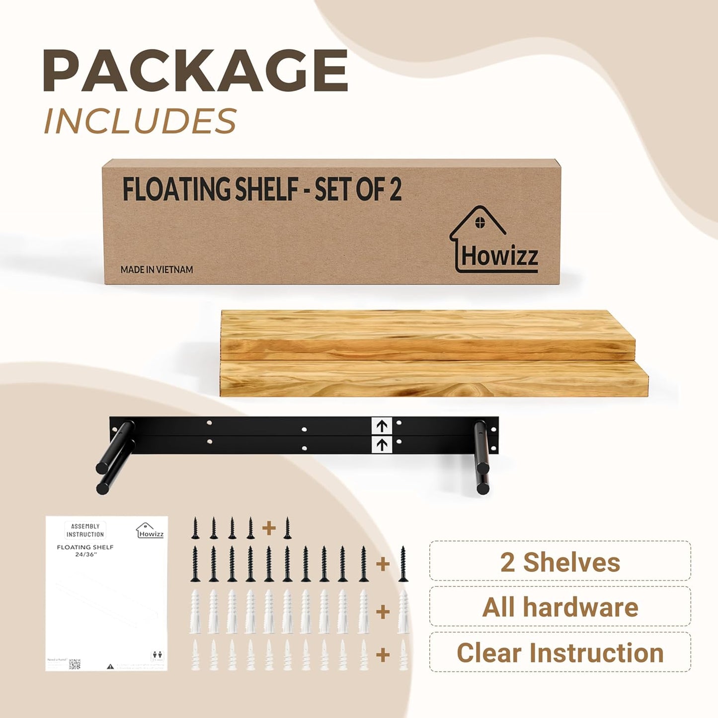 36'' Pine Wood Floating Shelves for Wall- Set of 2 - Rustic Wall Mounted Wooden Shelf for Stylish Home Décor (Dark Brown, 36x6.5x1.25)