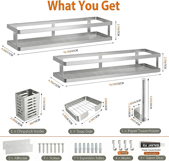 PUSDON 5-in-1 16.5" Extra Long Kitchen Organizer & Shower Caddy Set, Wall Mount - Image 2
