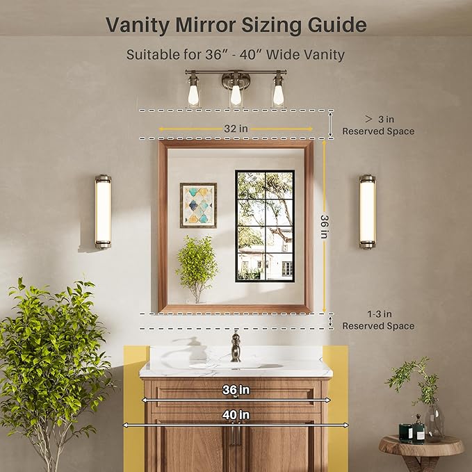 36x32 Inch Bathroom Mirror for Wall, Anti-Rust Walnut Wood Grain Metal Framed - Image 2