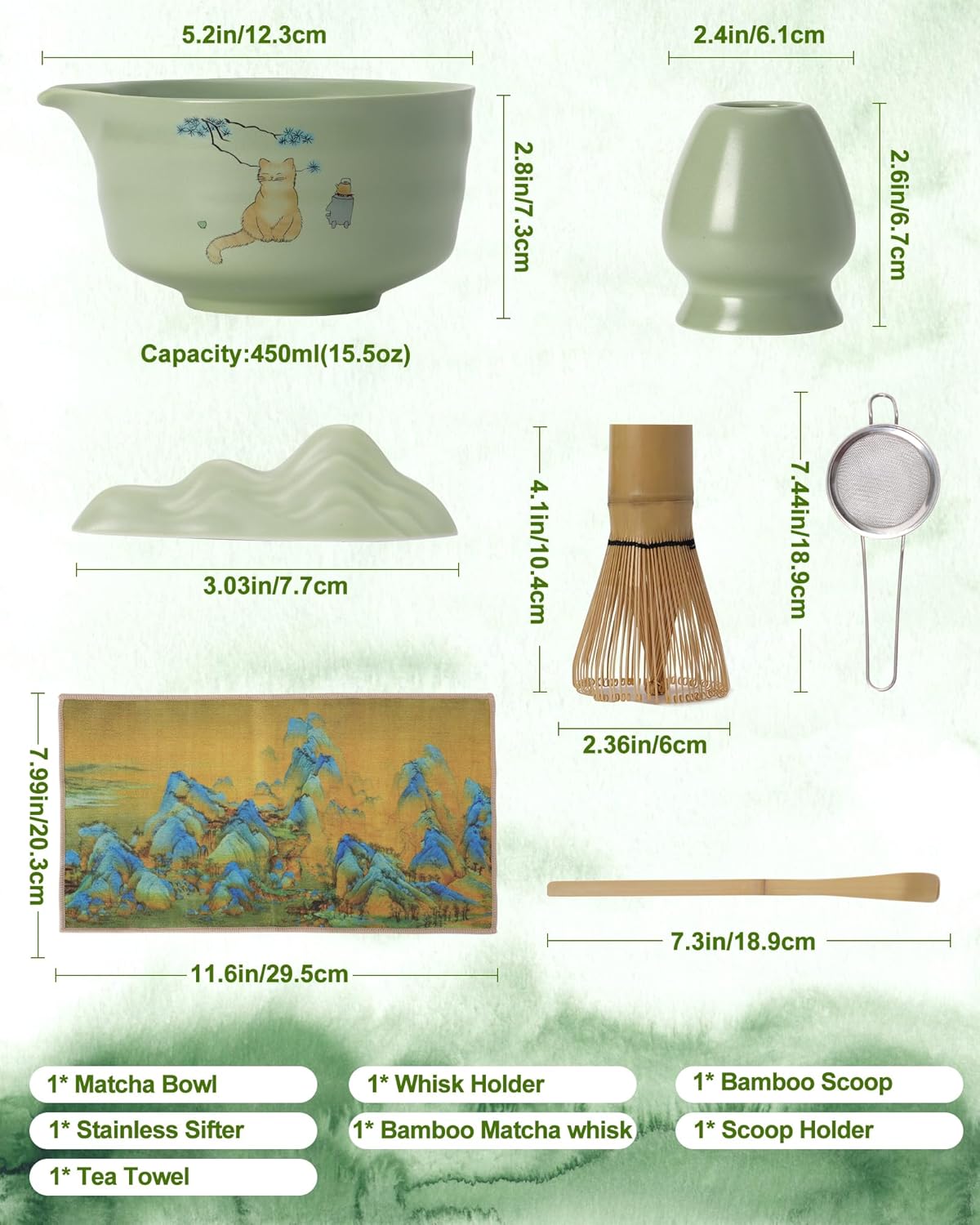 Matcha Whisk Set, Ceramic Matcha Set Includes Matcha Bowl, Matcha Whisk and Holder, Bamboo Scoop, Scoop Rest, Sifter and Tea Towel - 7 Pcs Matcha Kit(Green)