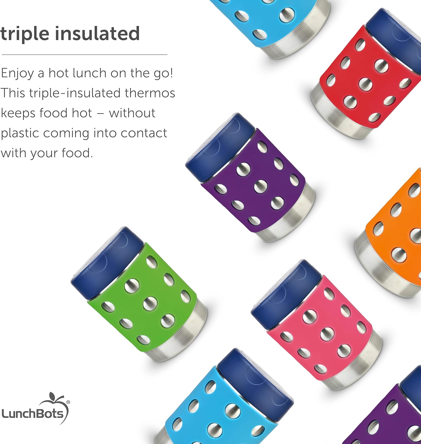 LunchBots Thermal 12 oz Triple Insulated Thermos - Hot 6 Hours or Cold 12 Hours - Leak Proof Thermos Soup Jar - All Stainless Interior - Navy Lid - Orange Dots