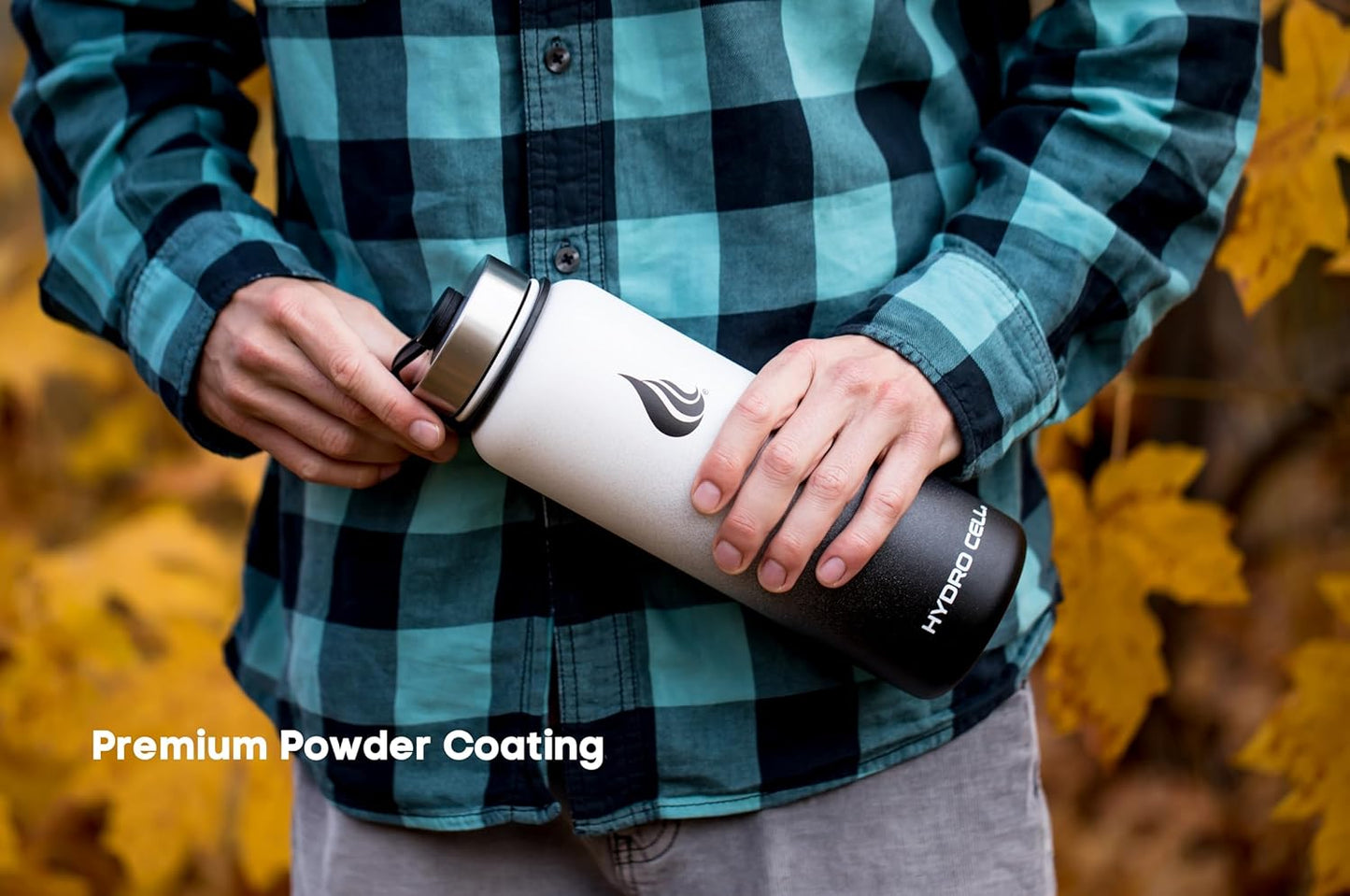 HYDRO CELL Stainless Steel Insulated Water Bottle with Straw - For Cold & Hot Drinks - Metal Vacuum Flask with Screw Cap and Modern Leakproof Sport Thermos for Adults (Black/White 40oz)