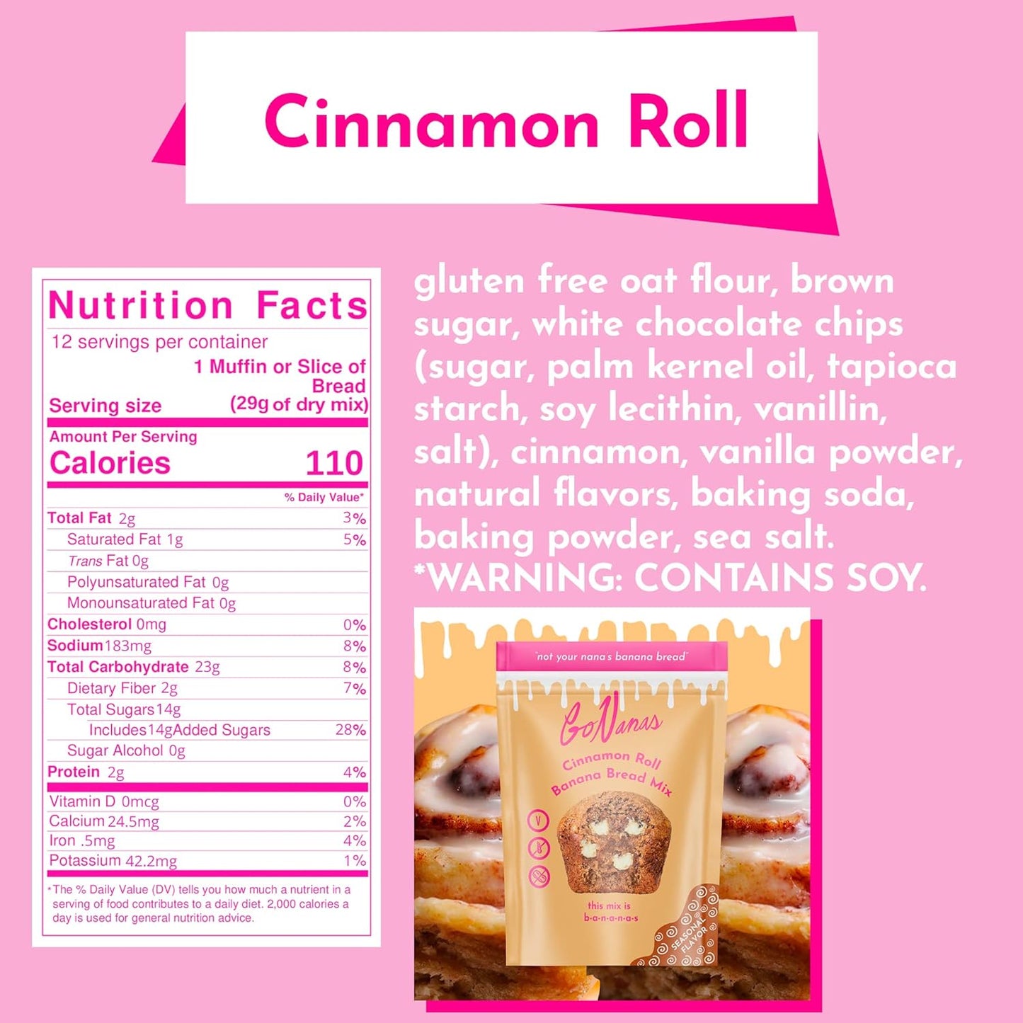 GoNanas Cinnamon Roll Banana Bread Mix, Vegan, Gluten Free Healthy Snacks. Oat Flour Bread or Muffin Mix. Women Owned, US Ingredients, Dairy Free, Nut Free, Delicious Snacks (3 Pack)