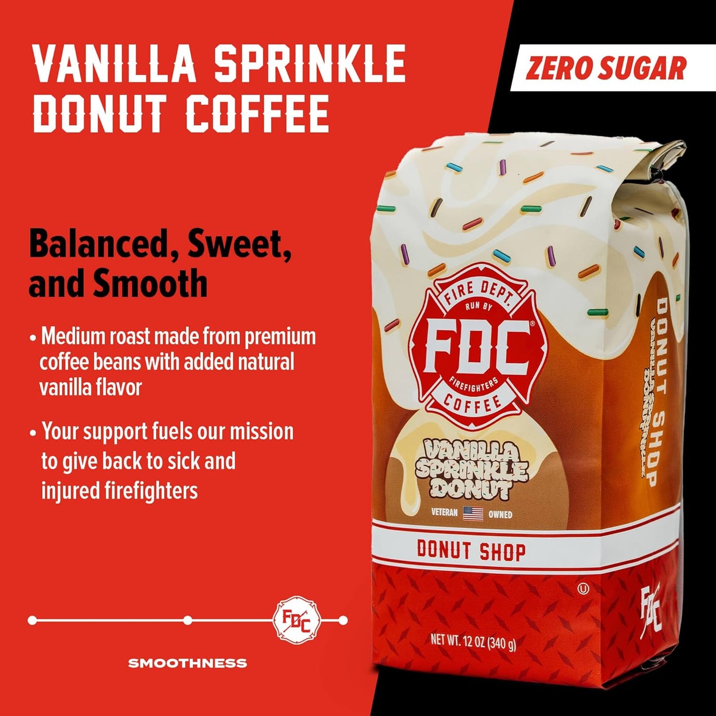 Fire Department Coffee - Gives Back to Firefighters - Vanilla Sprinkle Donut Coffee Beans - Medium Roast - Premium Whole Bean - Roasted in the USA - Veteran Owned - 12 oz