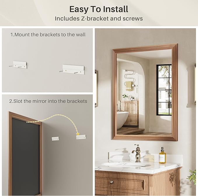 24x30 Inch Bathroom Mirror for Wall, Anti-Rust Walnut Wood Grain Metal Framed - Image 5