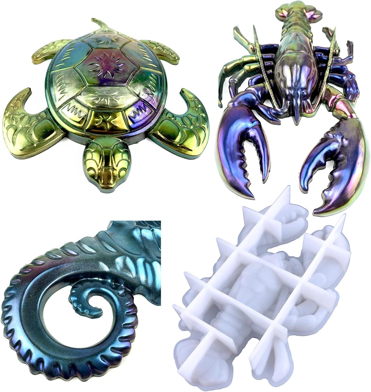 3PCS Silicone Molds for Epoxy Resin, Sea Turtle Seahorse Lobster Resin Mold Large Epoxy Resin Casting Mold Unique Marine Animal Mould DIY Resin Concrete Art Crafts Halloween Home Decoration