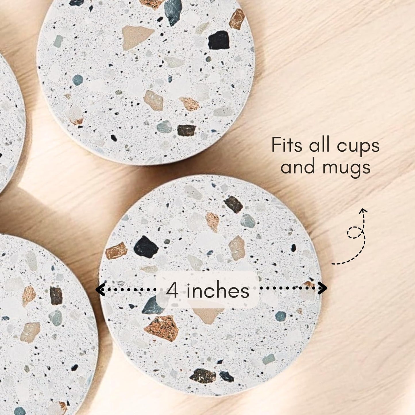 Absorbent Coaster Set of 6 with Holder, Drink Coasters for Coffee Table, Kitchen, Home Decor, Cute Ceramic Round Coasters, Alternative to Silicone, Cork or Glass Coaster (Granite with Black Holder)