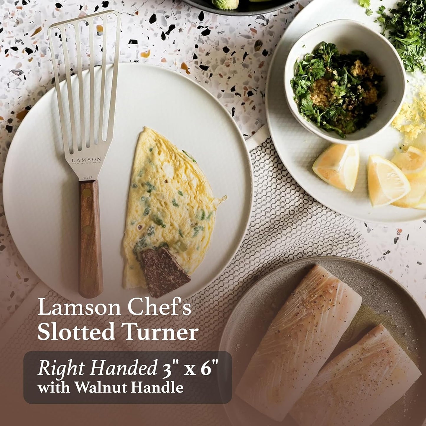 Lamson 3' x 6" Chef's Slotted Turner with Walnut Handle - Right-Hand