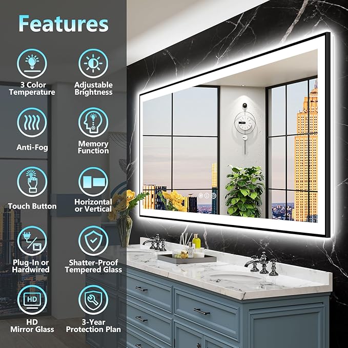 72x40 Black Framed LED Bathroom Mirror - Image 2