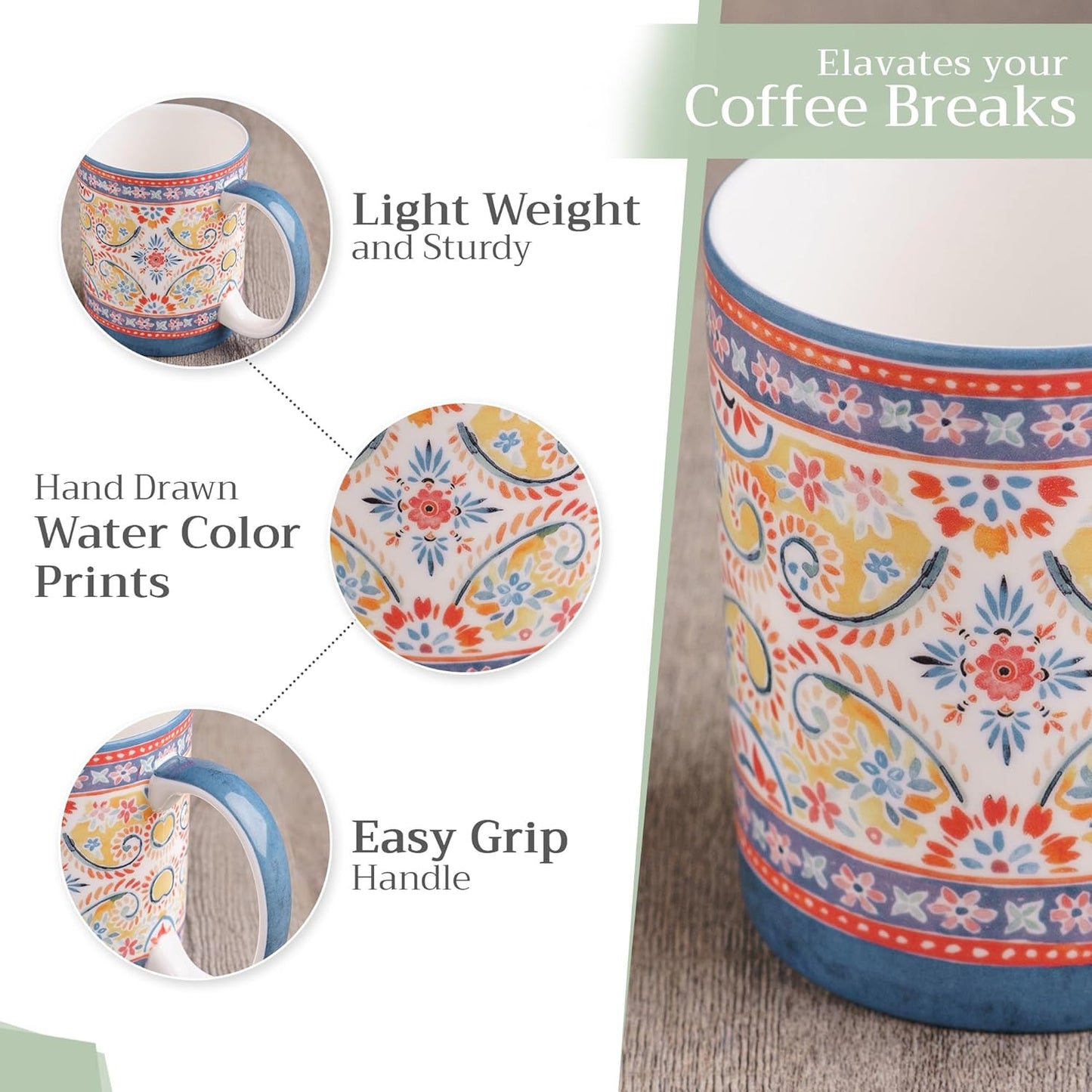 Maison d' Hermine Coffee Mug with Handles Fine Bone China Mugs Pack of Two Tea Cups for Hot Beverages Cappuccino Latte Home Restaurant Office Perfect for Gift (Indian Floral, 12 Ounce)