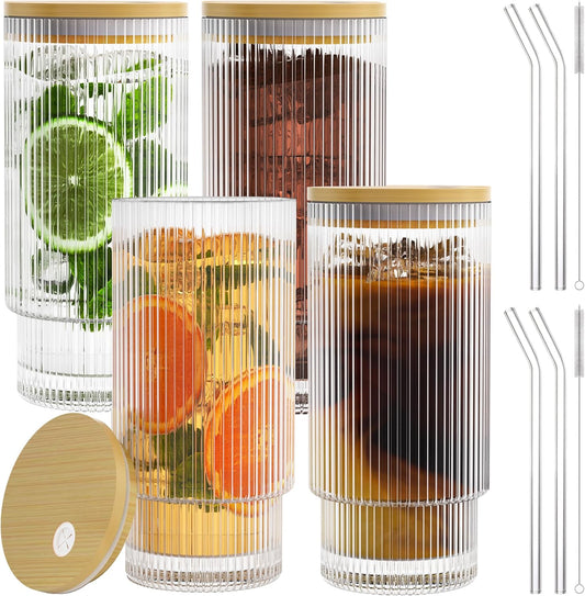 16OZ Ribbed Glass Cups with Lids and Straws,Iced Coffee Cups with Bamboo Lid,Vintage Glassware for Whiskey Cocktail Beer Fruit Juice Glasses Tumbler(4 Pack)