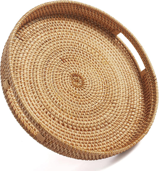 Coffee Table Tray Round Rattan Ottoman Tray Woven Serving Trays with Handles for Home and Kitchen Decorative Natural (Large 14 inch x 2.8 inch)