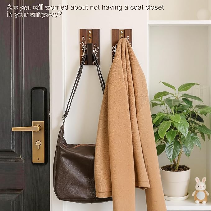 Rustic Folding Wall Hooks: Decorative Wooden Coat Hooks 2Pack Mounted - Image 7