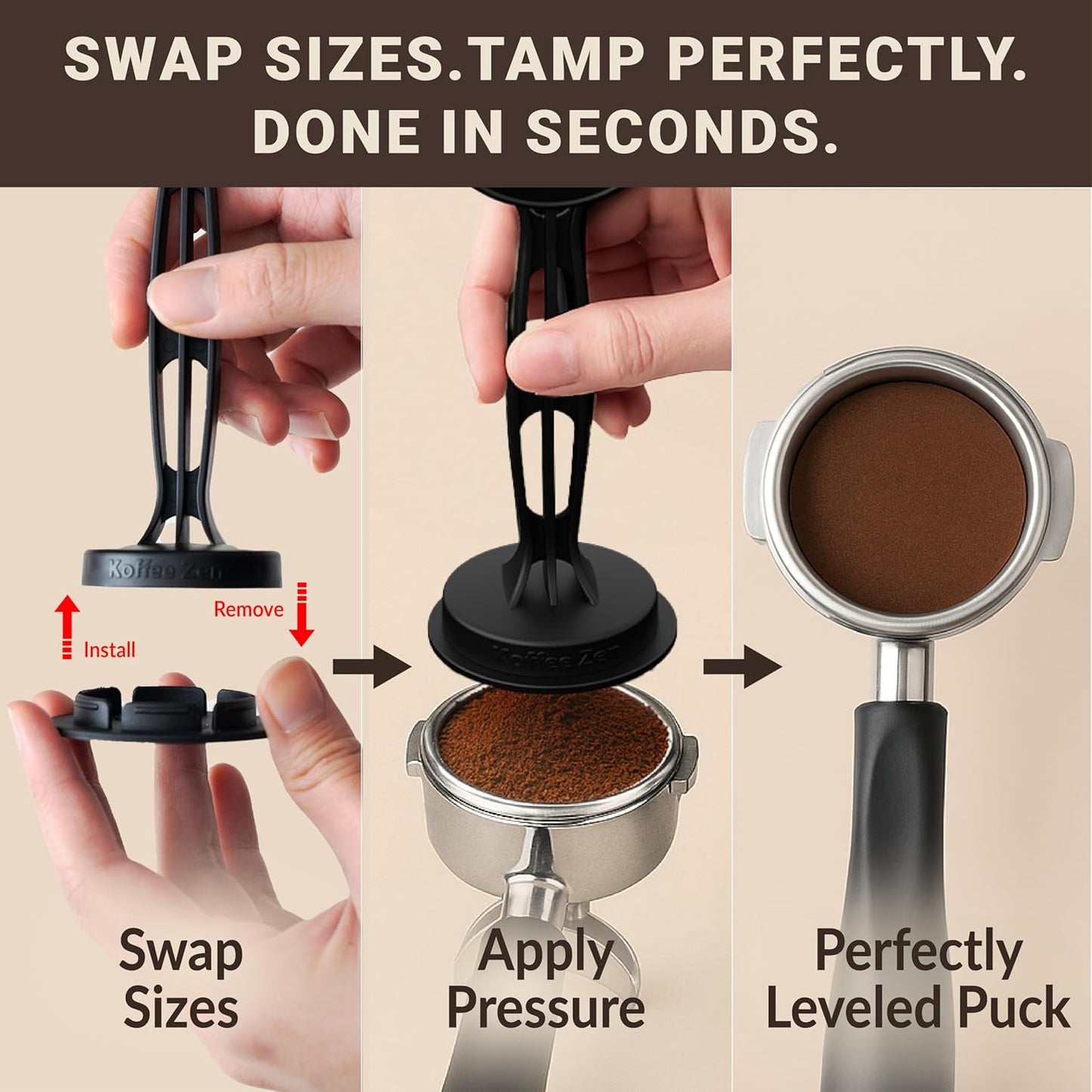 Koffee Zen Espresso Tamper Set, 5 Interchangeable Sizes (49–58mm), Dual Coffee Scoop (1 & 2 TBSP), Fits Select Breville, De’Longhi & More Models