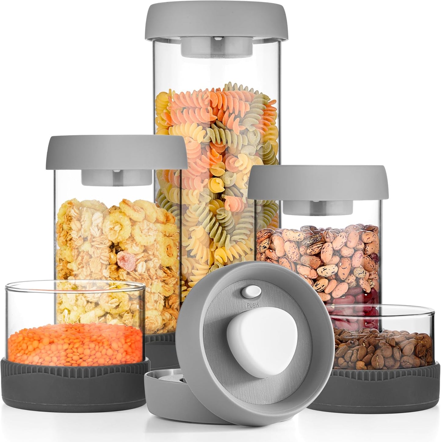 Glass Canisters Set - Kitchen Leakproof Seal Food Storage Jars - Coffee Bean Container - Pack of 5 Glass Canisters With Vacuum Airtight Lids for Cereal, Pet Treats, Nuts, Candy