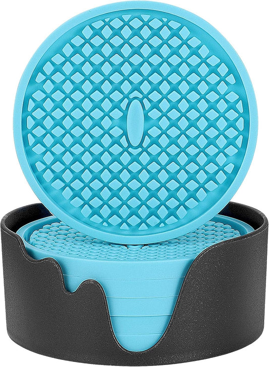 ME.FAN Silicone Coasters [6 Pack] Thickened Drink Coasters with Holder - Cup Mat - Non-Slip, Non-stick, Stay Put, Deep Tray - Prevents Furniture and Tabletop Damages(Blue)