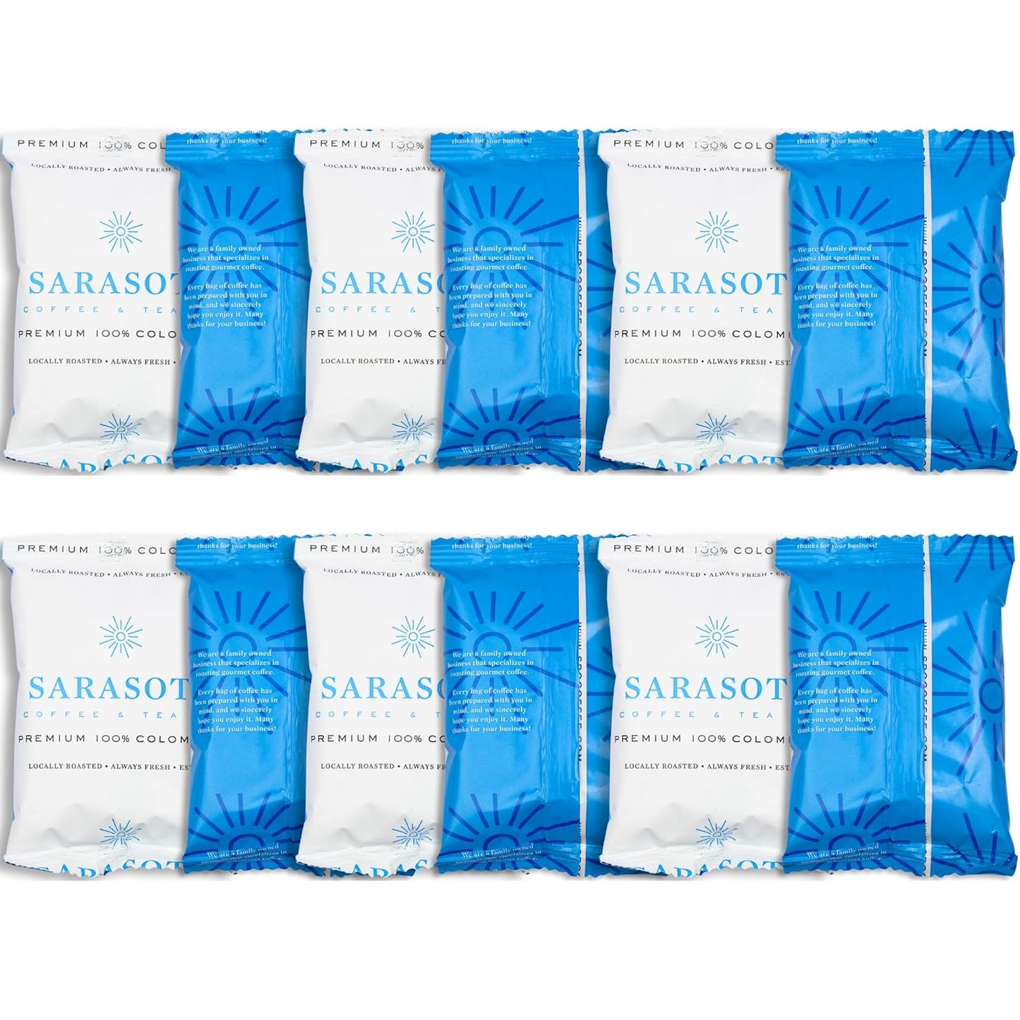 Sarasota Coffee Ground Packets | Gourmet Colombian Medium Roast Ground Coffee Packs | Columbian | Low Acid Mold Free Individual Single Pot Pouches for 12 Cup Coffee Maker | 2 Ounce Bags, 12 Count