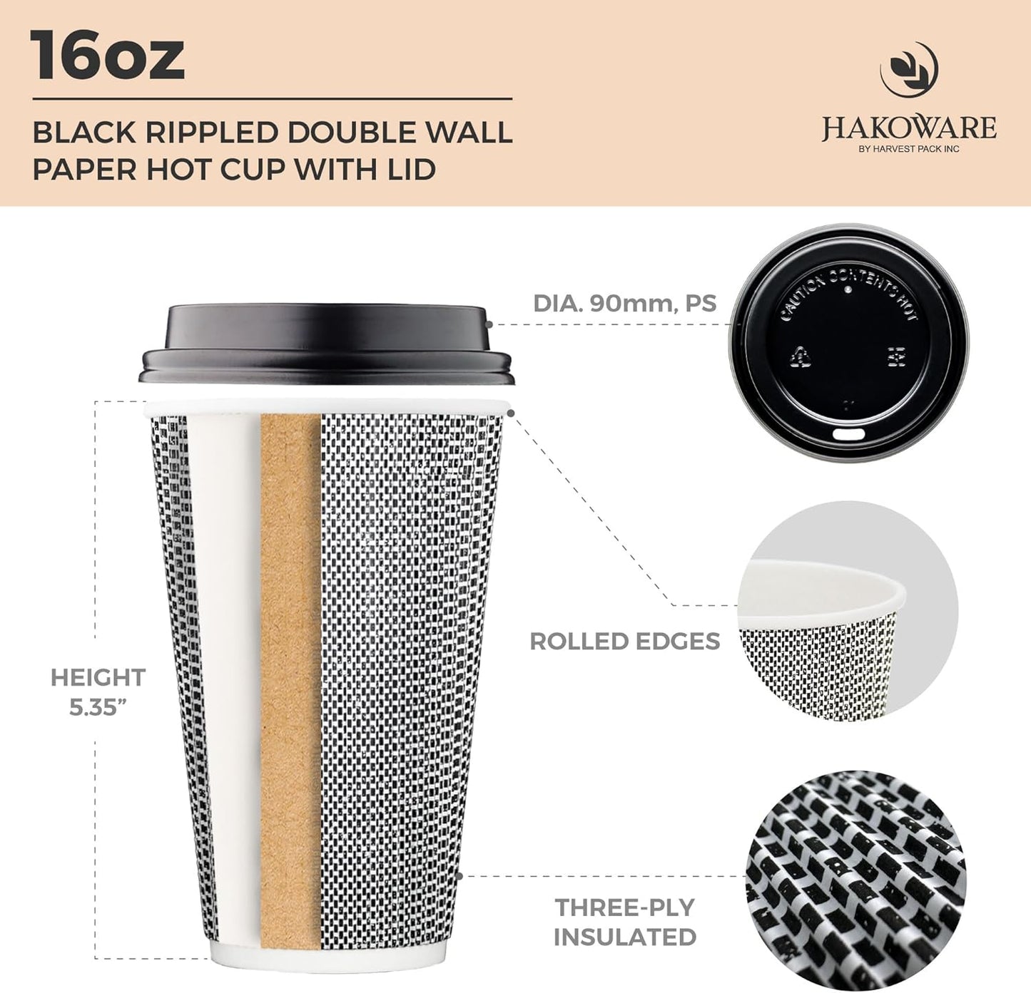 [340 SET]Harvest Pack 16 oz Disposable Coffee Cups, Insulated Ripple Double-Walled Paper Cups with Lids, Black and White Geometric, Bulk Drinking Cups for Tea Hot Chocolate Drinks To go coffee cups
