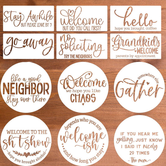 Funny Welcome Stencils for Painting Sarcastic Round Stencil Large Gather Stay Awhile Templates for Door Hanger,Doormat, Porch Sign, Wreath