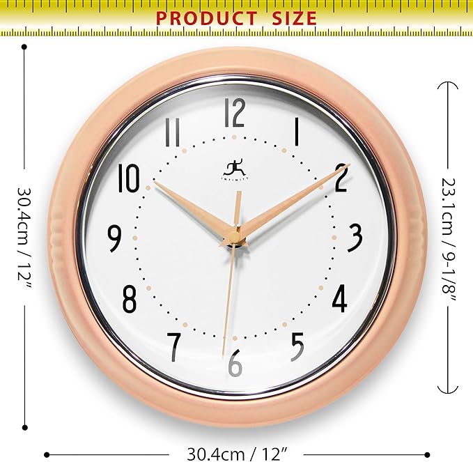 Infinity Instruments Retro 9.5 Inch Round Indoor Wall Clock, Peach Fuzz - Image 7