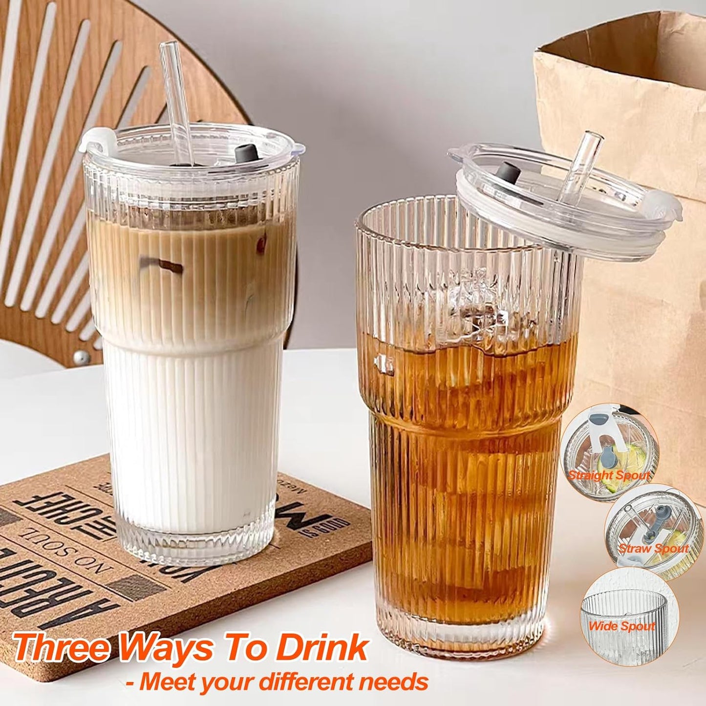 20 oz Ribbed Glass Tumblers with Lids and Straws – Set of 4 Thickened Glassware, Elegant Durable Ribbed Drinking Glasses Bulk for Iced Coffee Cups, Cocktails, Smoothies, Juice, Hot or Cold Beverages