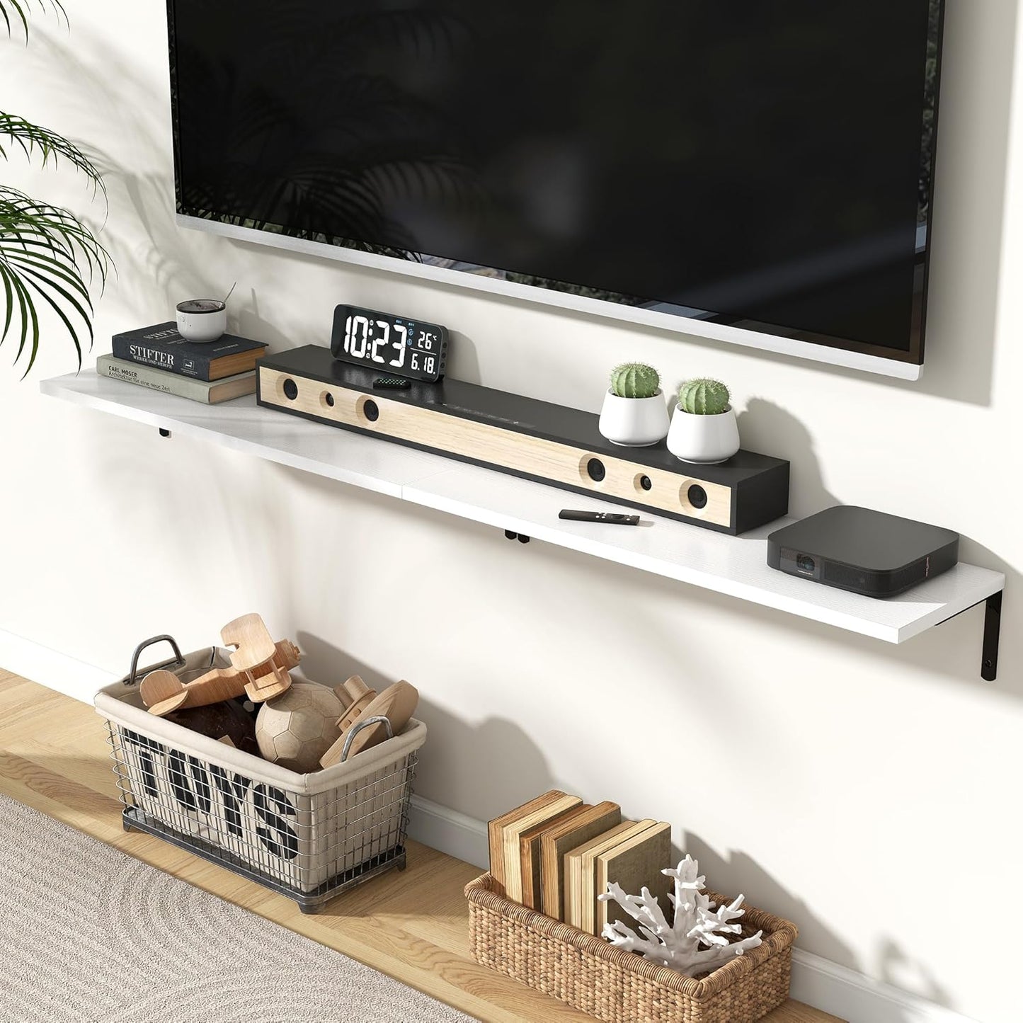 Fun Memories Deep Floating Shelves, 32W x 8D Floating Shelves Set of 2, Wall Mounted Shelf with Metal Brackets, Rustic Wood Wall Shelf for Bathroom, Kitchen and Living Room, White