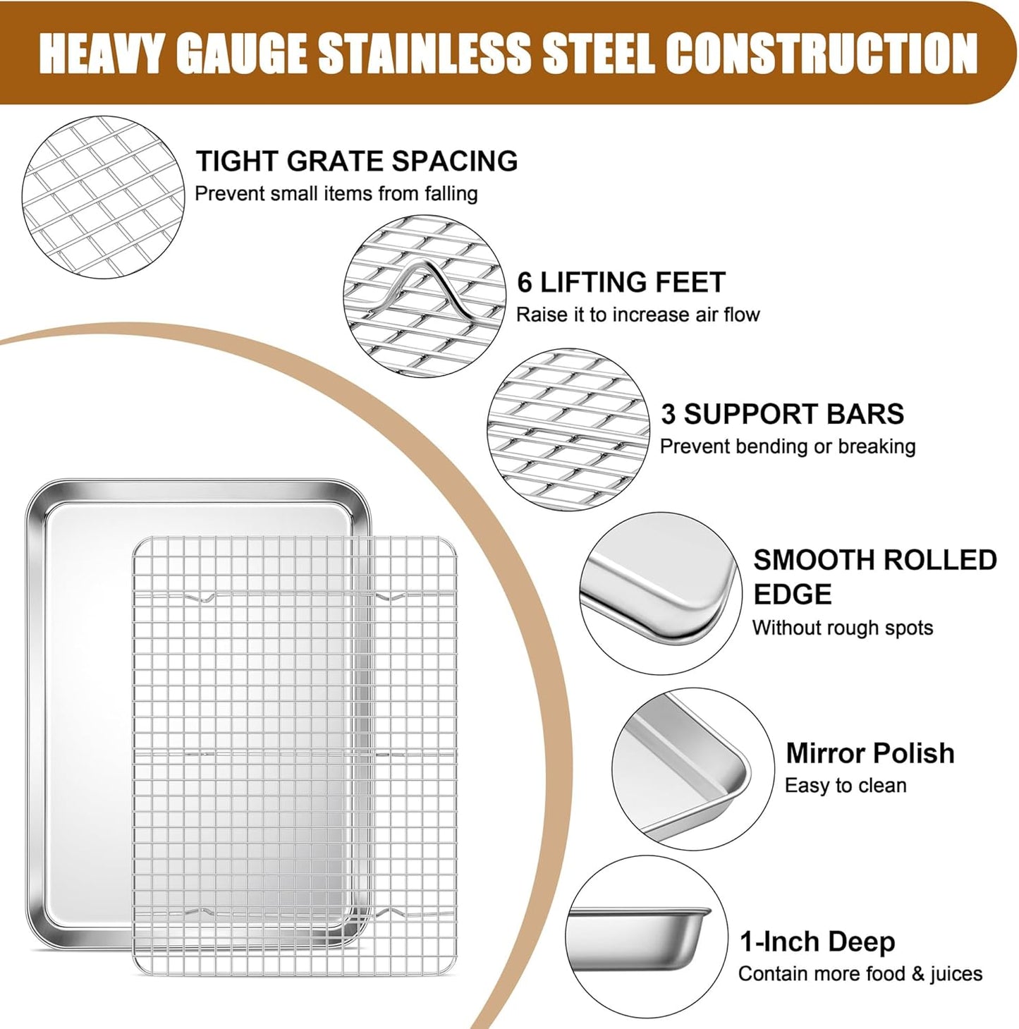E-far Stainless Steel Baking Sheet with Wire Rack Set, 16” x 12” Cookie Sheet Baking Pan for Oven, Rimmed Large Metal Tray with Cooling Rack for Cooking Roasting, Non-Toxic & Dishwasher Safe