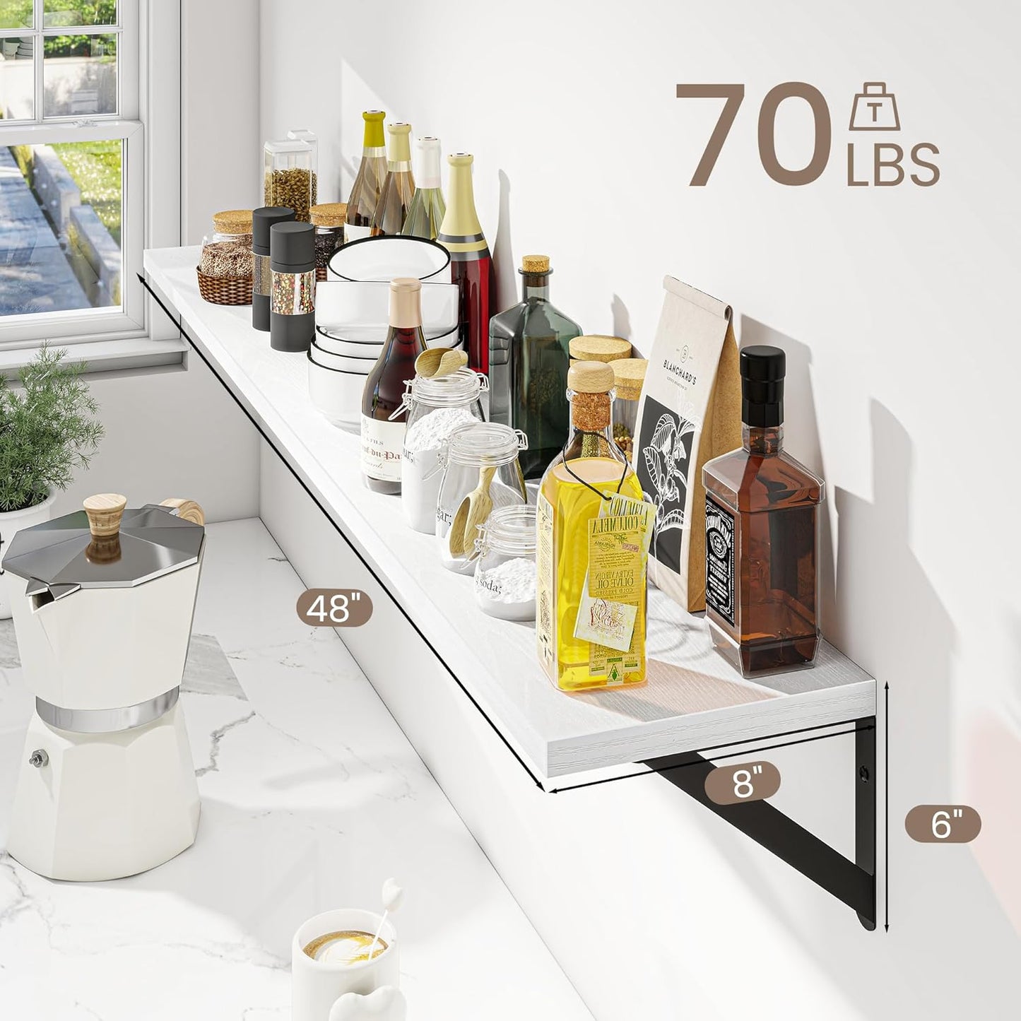 Dreamland Deep Floating Shelves for Wall, 48W x 8D Wall Mounted Shelves Set of 2, Wide Display Ledge Shelf with Sturdy Metal Brackets for Living Room, Bathroom, Bedroom and Kitchen, White