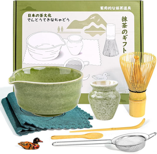 Matcha Set, 9 Pcs Japanese Matcha Whisk Set Matcha Tea Set for Traditional Tea Ceremony, Ceramic Matcha Kit for Matcha Drinks Matcha Set Whisk and Bowl Gift for Starters & Matcha Lover, Green