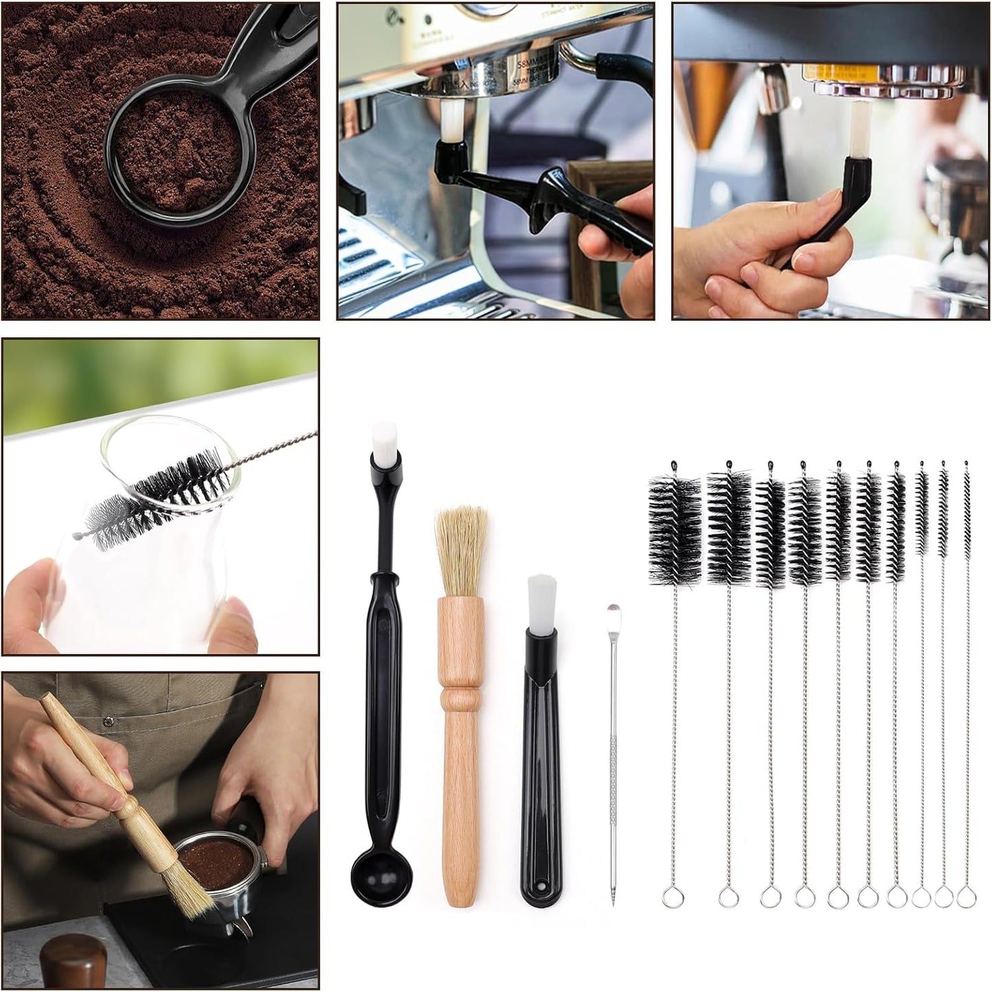 14 PCS Coffee Grinder Cleaning Brush Set Espresso Machine Cleaning Brush Kit, Multifunctional Burr Cleaner Brushes Bristle Tools for Barista Home Kitchen Commercial Use