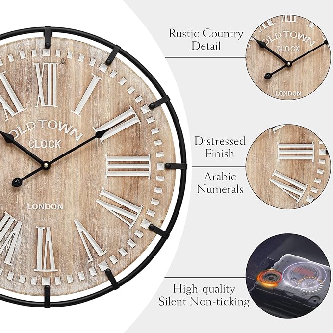 24 Inch Grand Farmhouse Wall Clock, Vintage-Inspired Wood & Metal Design - Image 5