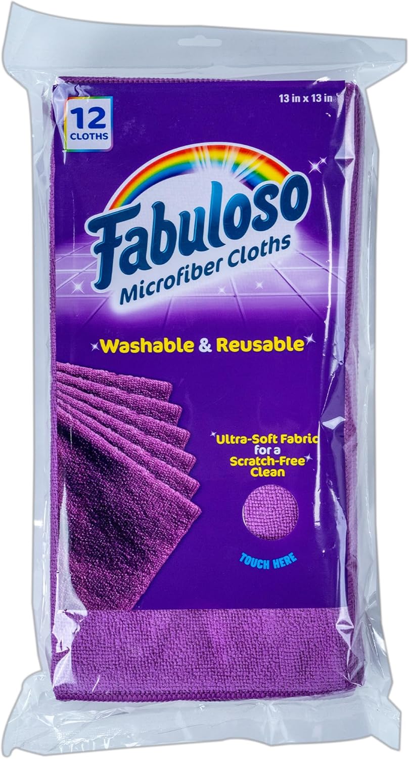 Fabuloso Microfiber Cleaning Cloths, Purple - Lint-Free, Scratch-Free Cleaning Cloths for Surfaces and Wood Furniture - Dustless Cloth for Bold and Bright Cleaning Experience, 12 Count
