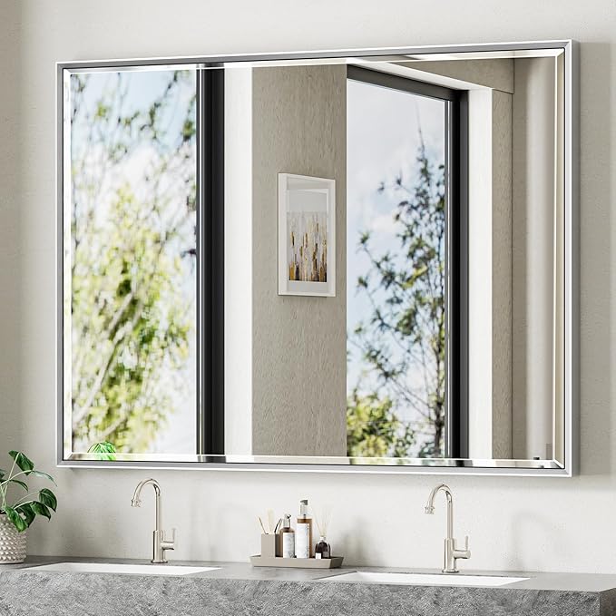48 x 36 Silver Bathroom Mirror, Large Beveled Silver Bathroom Vanity Mirror by QUEENFUN