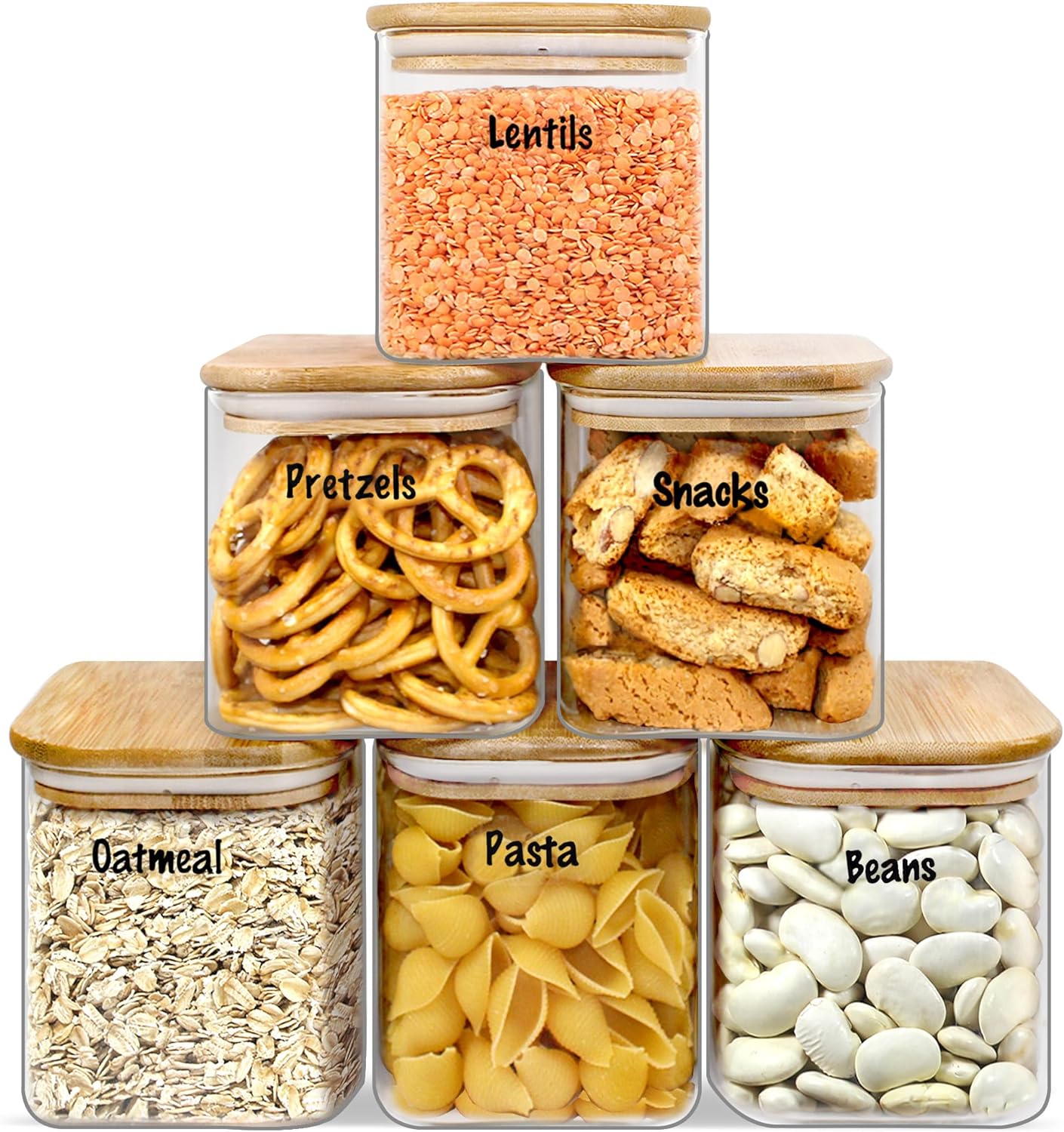 Urban Green Glass Jars with Airtight Lids, Airtight Glass Canisters with Locking Lids, (Bamboo-6P-24oz)