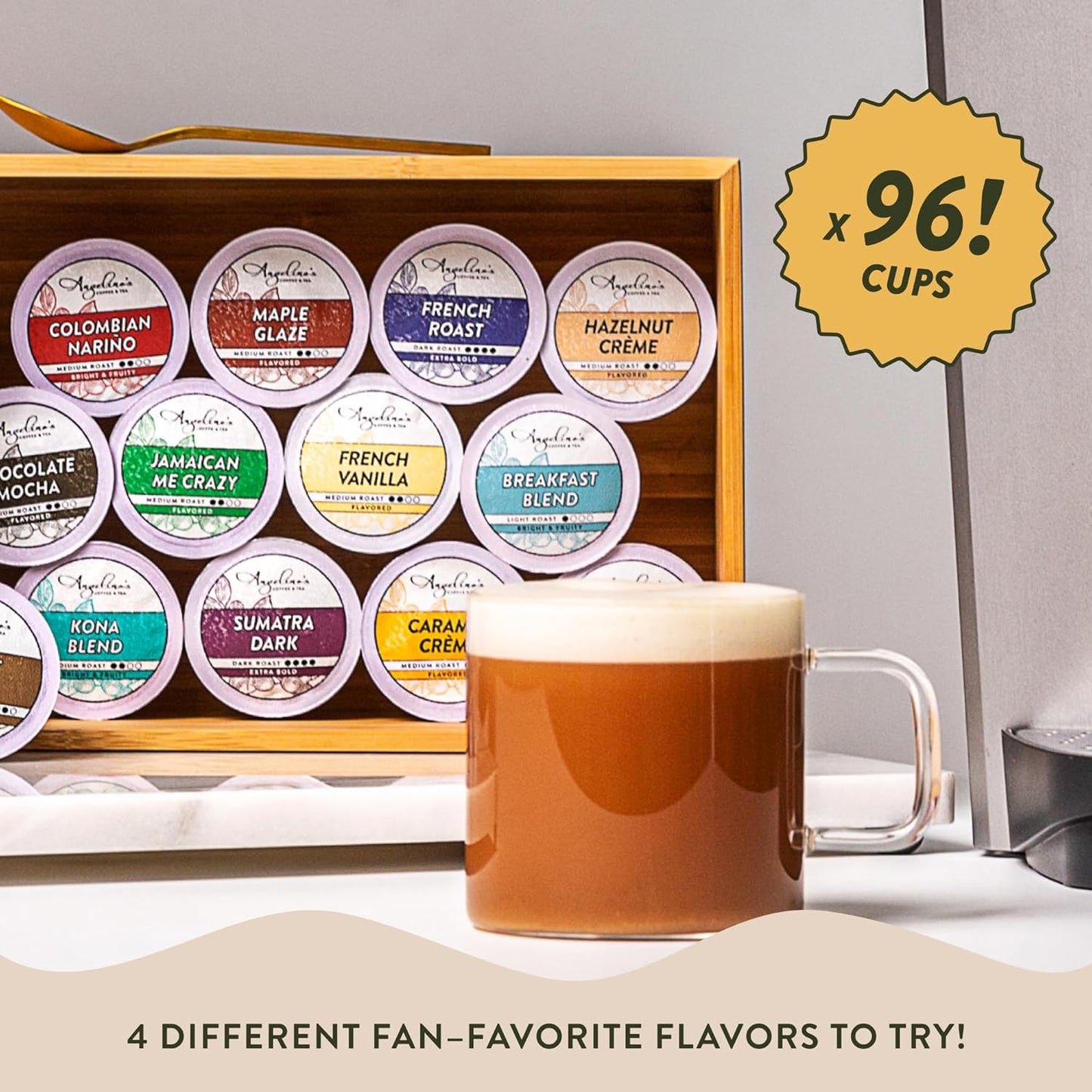 Angelino's Coffee, 96 Count, Compatible with Keurig 2.0 K-Cup Brewers (Flavored Variety, 96 Count)
