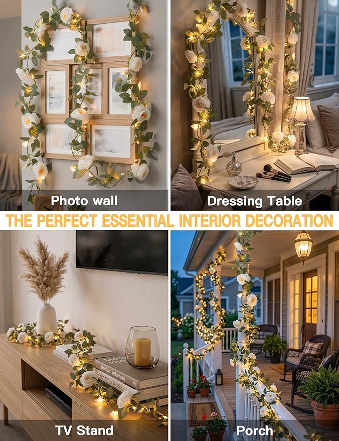 suddus Flower Garland with White Camellia Fairy Lights Indoor, 60 LED Vines - Image 3