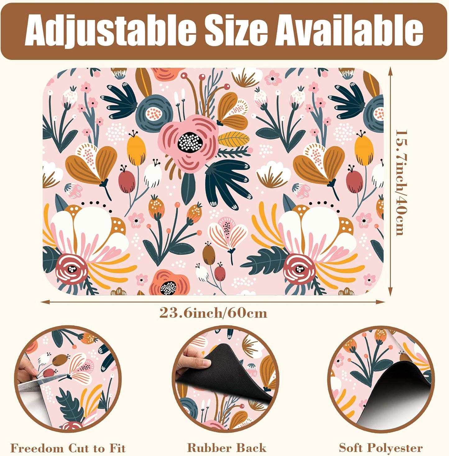 Dish Drying Mat Pink Flowers Berries Leaves Coffee Bar Mat for Countertop Absorbent Hide Stain Rubber Backed Dish Drainer Rack Pad Espresso Machine Dining Room Decor 15.7 x 23.6 Inch