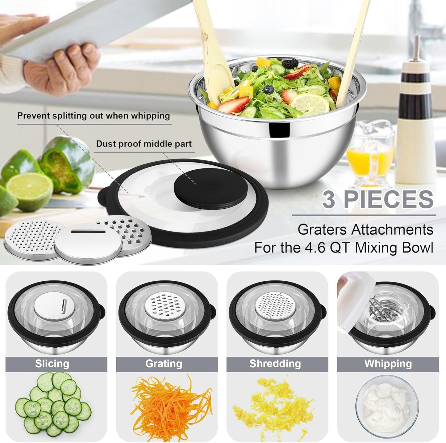 E-far Mixing Bowls with Lids and Graters, Stainless Steel Salad Mixing Bowl with Transparent Lid Set of 3, Metal Nesting Salad Storage for Kitchen Prepping/Serving/Baking, 4.6/2.6/1.5QT - Black