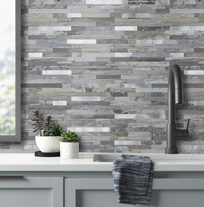 AULIGET 2-Sheet Peel and Stick Backsplash Wall Tiles, Distressed Wood Look PVC - Image 4