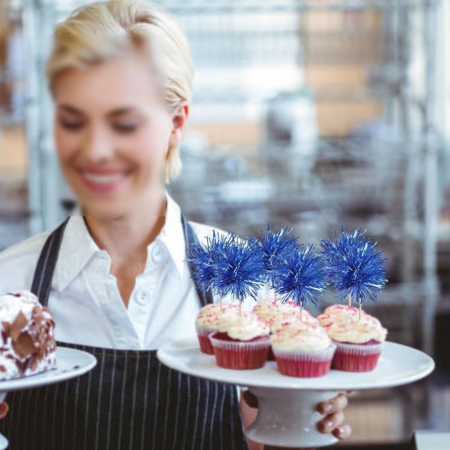 40 PCS Foil Firework Cupcake Toppers Sparkle Tinsel Cupcakae Picks Sparkler Fireworks Party Decorations Cocktail Fruit Toothpick for Birthday Wedding Graduation Party Decorations Supplies Dark Blue