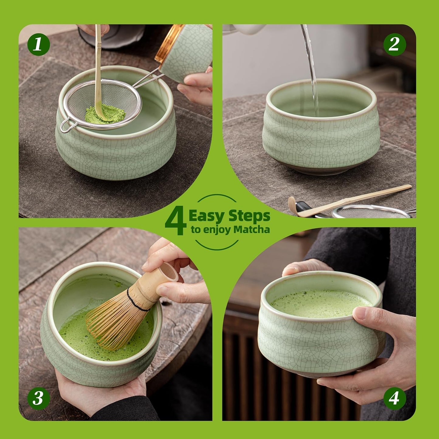 TEANAGOO Matcha Whisk Set Green, 7 Pcs Matcha Set, Matcha Kit for Ceremony, Matcha Tea Set for Making Breakfast/Latte,Whisk Set and Ceramic Bowl with All Accessories, Gift for Family/Friend