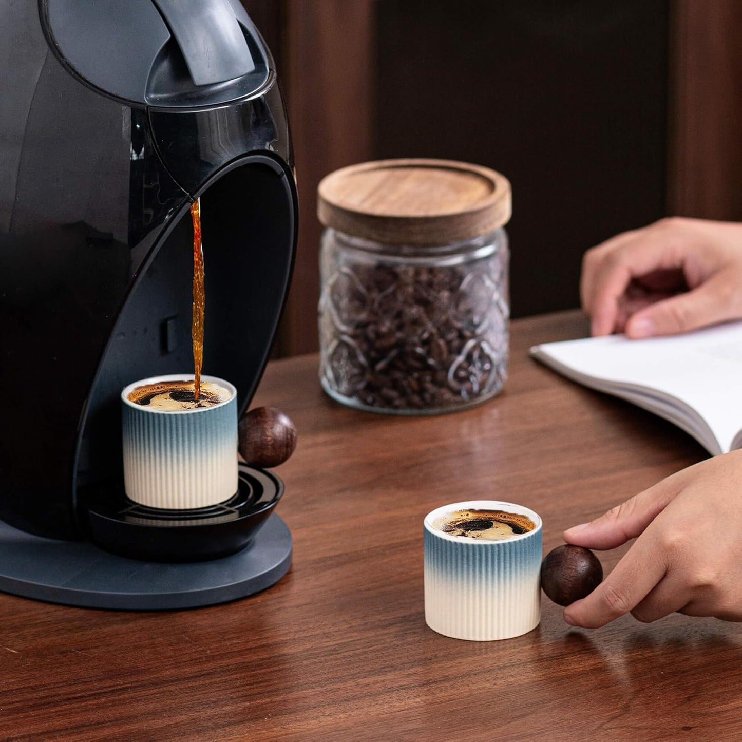 Ceramic Mini Espresso Cups Demitasse Cups with Round Wooden Handle Vertical Stripes Tea Cups (Beige&Blue, 4pcs)