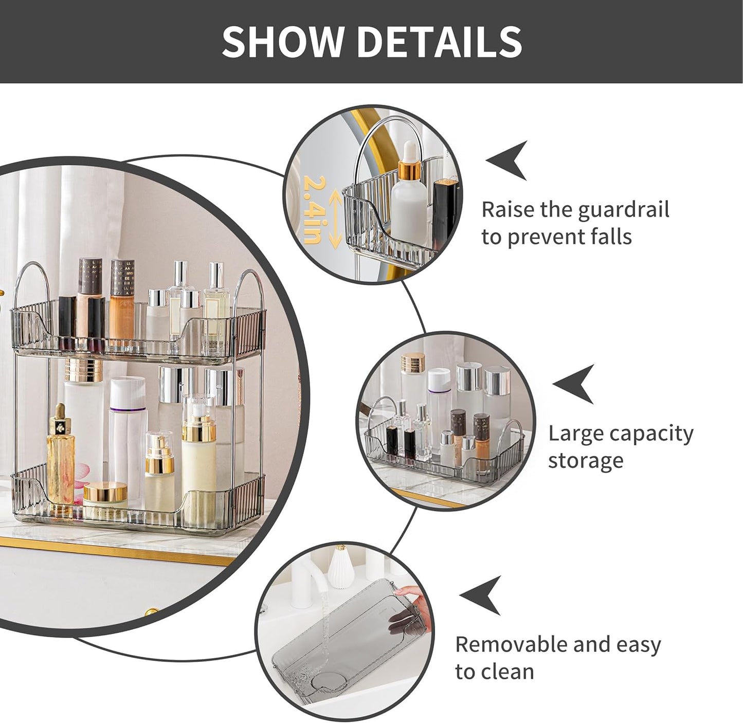 YCIA&DONE Bathroom Organizer Countertop, Makeup Storage, Skincare Cosmetic Tray Shelf, Perfume Holder Rack for Vanity Counter, Large Capacity, Easy to Install, Clean, 2 Tiers, Smoky Gray