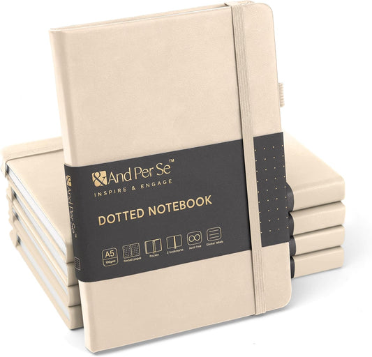 &And Per Se Dotted Journal Notebook (5 Packs), A5 Hardcover Leather Dotted Journal, 160 Pages 100 gsm Thick Paper, 3 Sheets of Stickers Included- 5.7'' x 8'' (Light Apricot