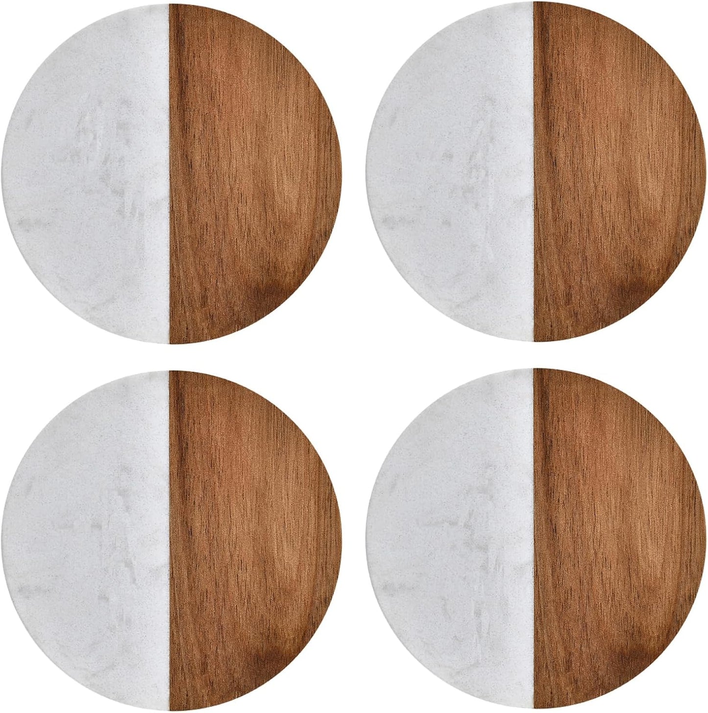 I-LAN Set of 4 Round Natural Wood and Marbel Style Drink Coasters for Coffee Wooden Table, Drink Bar Coaster Set/Tea Table Coasters for Living Room,Beer Cans,Bar Glasses,4 x 4 Inch
