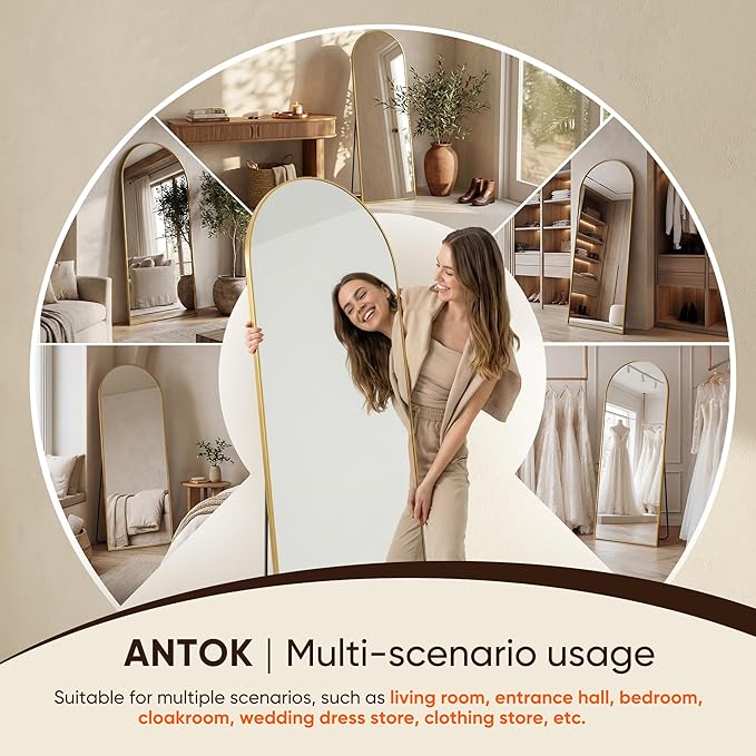 Antok 56" x15” Arched Full Length Floor Mirror, Free Standing/Wall Mount/Leaning - Image 9