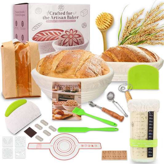 Sourdough Starter Kit,9 Inch Round & 10 Inch Oval Banneton Bread Proofing Basket with Dough Whisk Bread Lame Dough Scraper Bowl Scraper Silicone Brush Sourdough Bread Baking Supplies